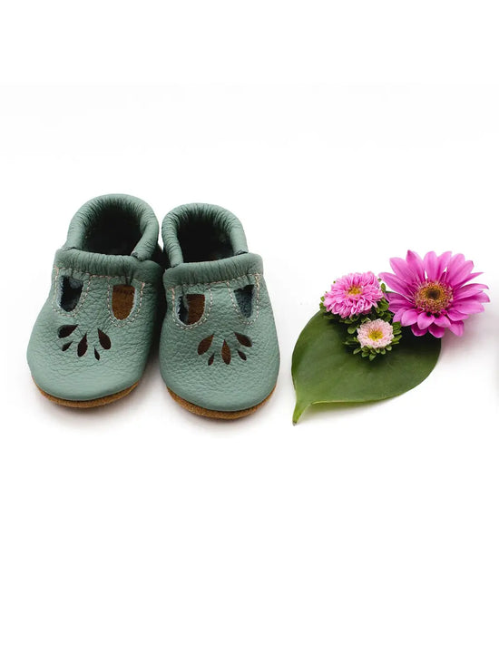 Mint Lotus T-Strap Leather Baby Booties & Toddler Shoes