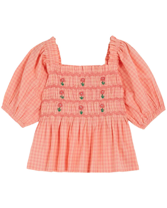 Orange Gingham Embroidered Smocked Blouse