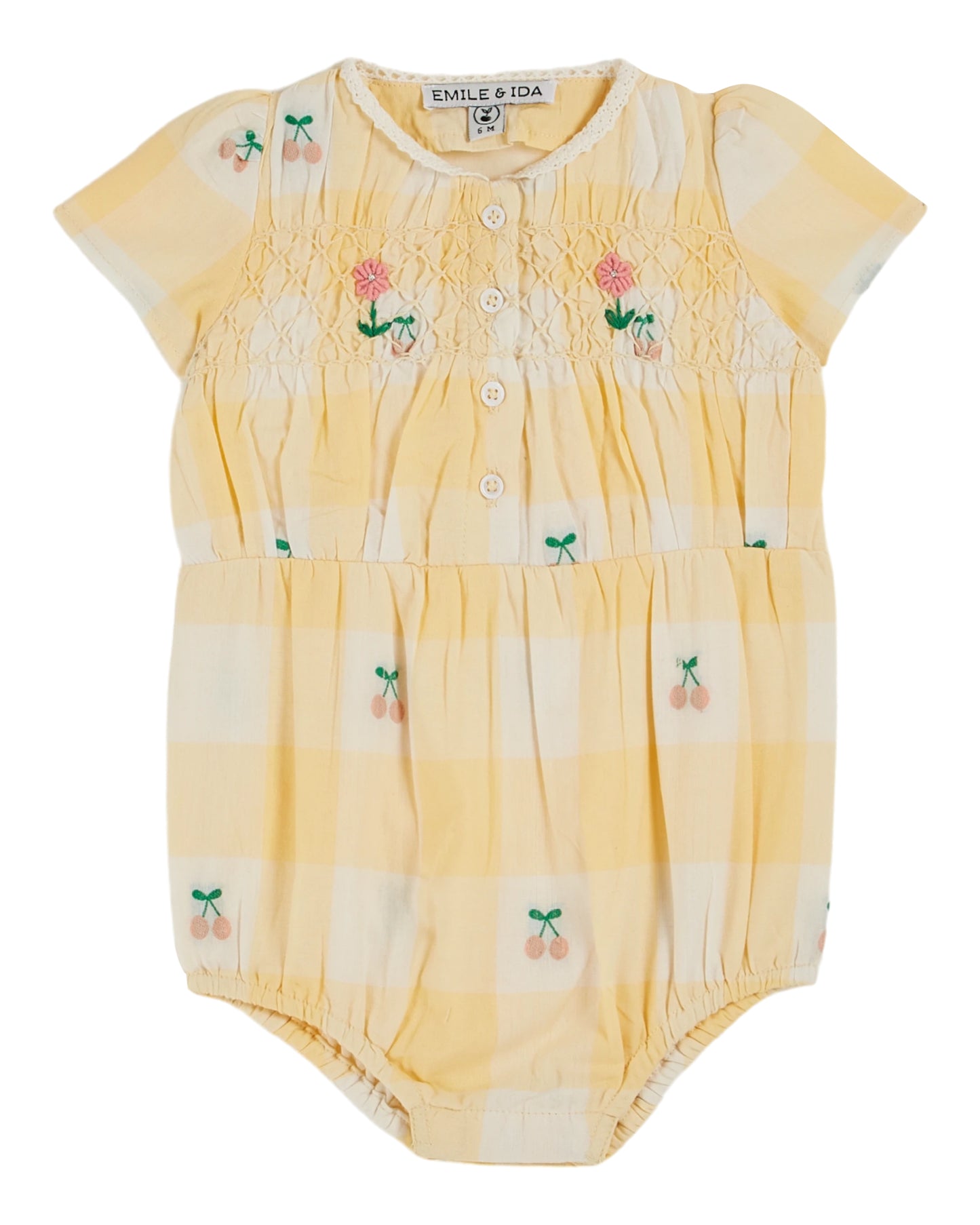 Yellow Gingham Cherry Smocked Embroidered Flower Romper