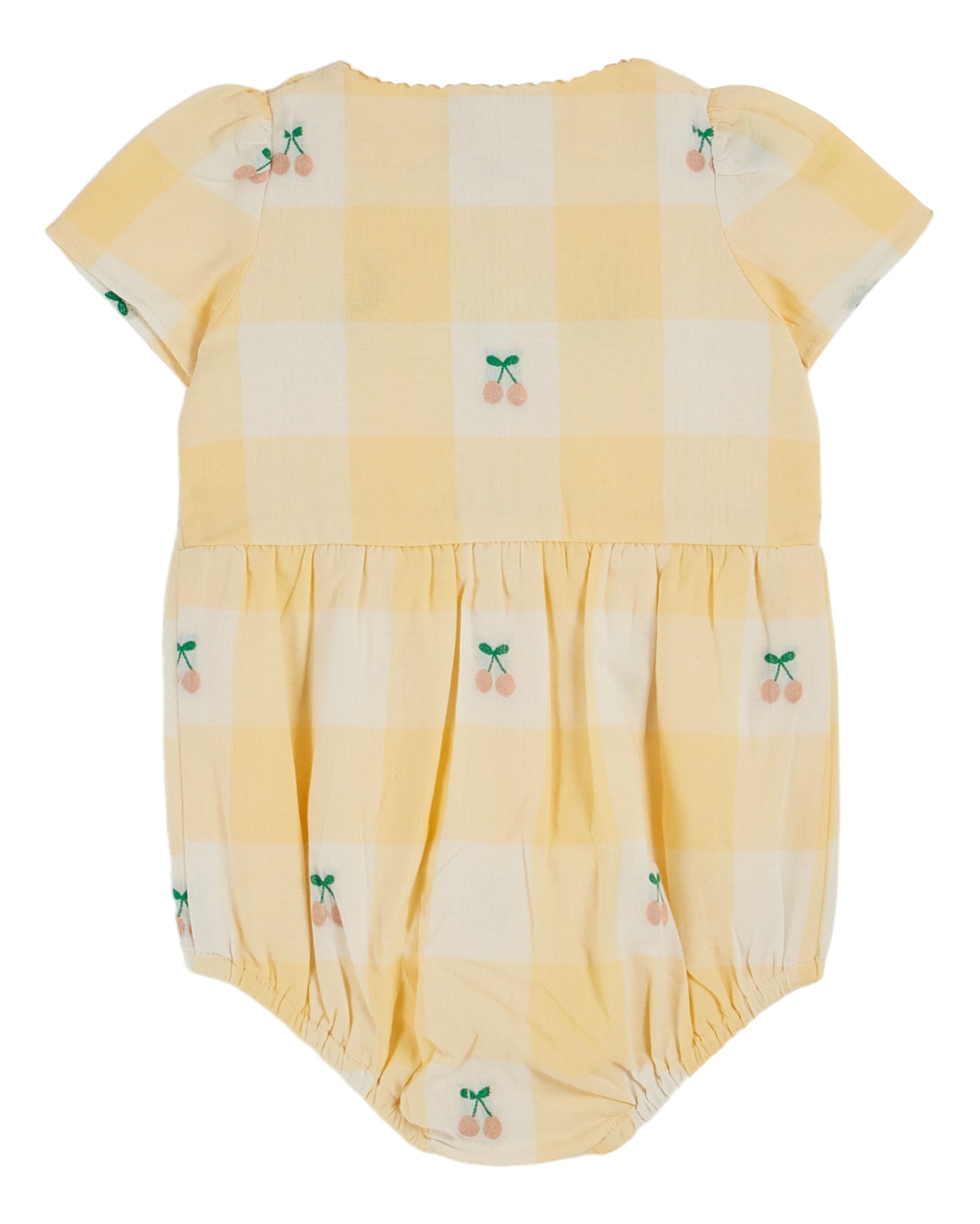 Yellow Gingham Cherry Smocked Embroidered Flower Romper