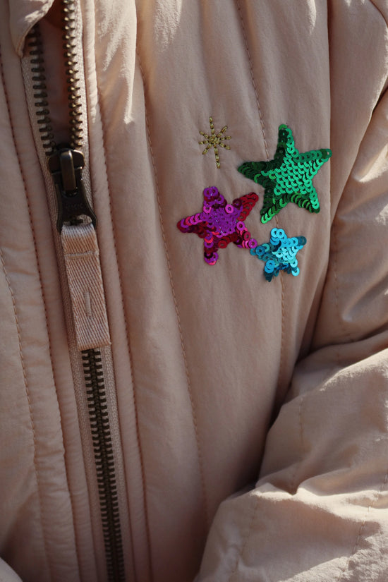 Juno Sequin Bomber Jacket in Beige Star