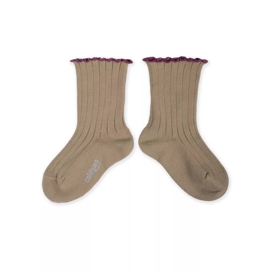 Taupe Delphine Socks with Plum Wavy Edge